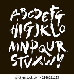 Image Vectorielle Police Alphabet Dessiné À La Main Dans Le Style De Brosse Acrylique. Alphabet de calligraphie sur fond noir. Encre lettrage de main.