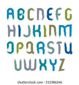 Vector acrylic font with brushstrokes, handwritten watercolor capital letters isolated on white, unusual bright typeface drawn with ink brush.