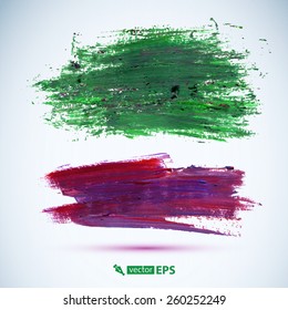 Vector acrylic green and pink ink spots.  Wet brush stroke on paper texture. Dry brush strokes. Abstract composition for design elements
