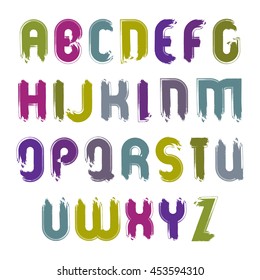 Vector acrylic hand-painted capital letters isolated on white background, uppercase art script with brushstrokes, frayed cartoon font.