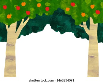 Vector acrylic illustration of fruitful tree
. Hand-drawn texture.Landscape background.
