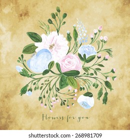 Vector acrylic illustration greeting card for Valentine's day, Women's Day, wedding, birthday, other holiday, cute summer bouquet. Floral element with acrylic flower bouquet on vintage background