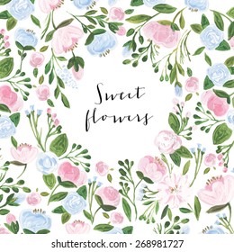 Vector acrylic illustration greeting card for Valentine's day, Women's Day, wedding, birthday, other holiday, cute summer background. Floral element with acrylic flower wreath on white background