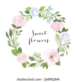 Vector acrylic illustration greeting card for Valentine's day, Women's Day, wedding ,birthday, other holiday, cute summer background. Floral element with acrylic flower wreath on white background