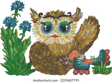 vector acrylic illustration of an owl on roller skates sitting on the grass