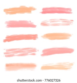 Vector acrylic peach pink art brush painted texture. Watercolor stripes set isolated 
