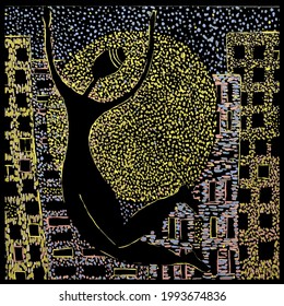 Vector. Acrylic, pointillism. Abstraction. Silhouette of a female in flight. Moon. Stars. Domak. City. Solar eclipse. Energy. Moonlight. Lunar road. Stylish look. Mindfulness. Positive. Force. Inhale 