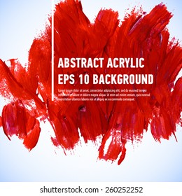 Vector acrylic red ink spot. Wet brush stroke on paper texture. Dry brush strokes. Abstract composition for design elements