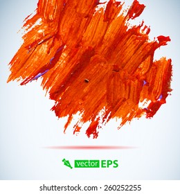 Vector acrylic red ink spot. Wet brush stroke on paper texture. Dry brush strokes. Abstract composition for design elements