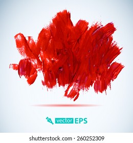 Vector acrylic red ink spot. Wet brush stroke on paper texture. Dry brush strokes. Abstract composition for design elements