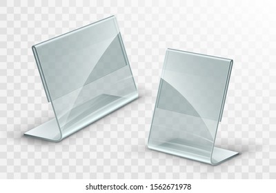 Vector acrylic table tent. Card holder isolated on transparent background. Empty flyer glass display.
