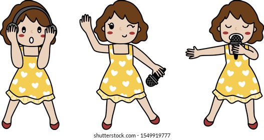 vector of acting of lady singer inner on the stage who wear shiny yellow mustard dress and dancing with microphone