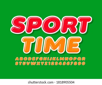 Tiempo de deporte del emblema activo del vector. Moderno y brillante fuente. Letras y números de alfabeto de moda naranja