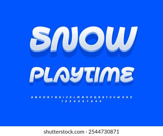 Vector active flyer Snow Playtime. Funny White Font. Exclusive 3D Alphabet Letters and Numbers set