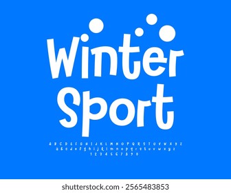 Vector active flyer Winter Sport. Snowy White Font. Playful Alphabet Letters and Numbers set