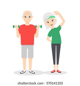 Vector active, happy and healthy senior couple: cartoon man with green dumbbells and woman doing exercises, isolated on white background. Flat vector style.