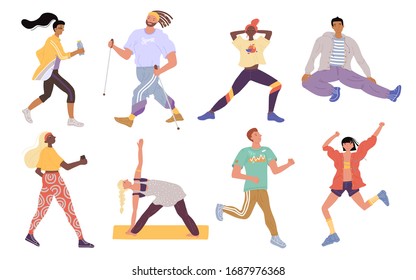 Vector active sports young people set. Crowd of men, women, trainer performing various activities. Characters running, nordic walking, stretching, standing yoga asana. Fitness, wellness and training