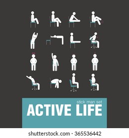 vector active warm-up exercises on chair stick man set