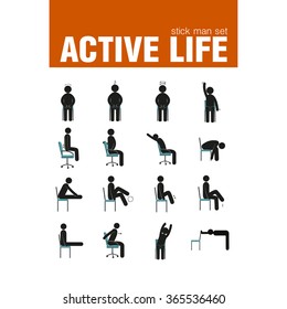 vector active warm-up exercises on chair stick man set