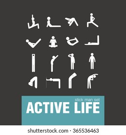 vector active warm-up exercises stick man set