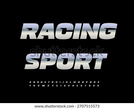 Vector Activity banner Racing Sport with Trendy Chrome Alphabet Letters and Numbers set. Metallic Dynamic Font