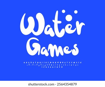 Vector activity banner Water Games. White artistic Font. Handwritten Alphabet Letters and Numbers set