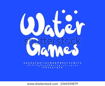 Vector activity banner Water Games. White artistic Font. Handwritten Alphabet Letters and Numbers set