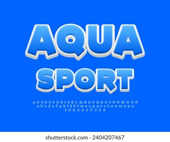 Vector activity Emblem Aqua Sport. Bright Blue 3D Font. Trendy Creative Alphabet Letters and Numbers set.