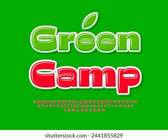 Vector activity emblem Green Camp. Red playful Font. Funny style Alphabet Letters and Numbers set