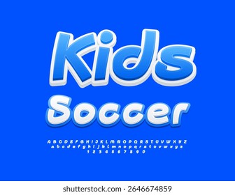 Vector Activity emblem Kids Soccer. White and Blue Cool Font. Bright Digital Alphabet Letters and Numbers set.