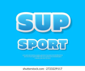 Ícone de atividade vetorial Sup Sport. Fonte da etiqueta azul. Conjunto moderno de letras e números do alfabeto clássico.