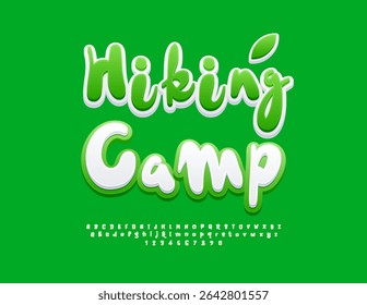 Vector Activity poster Hiking Camp. Creative White and Green Font. Playful Alphabet Letters and Numbers set.