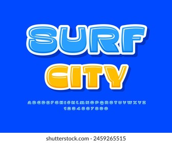 Vector activity poster Surf City with blue creative Font. Creative set of Alphabet Letters and Numbers