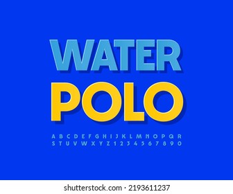 Vector activity sign Water Polo. Blue stylish Font. Modern sticker style Alphabet Letters and Numbers set