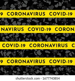 Vector actual illustration. Yellow space with text - Coronavirus Covid-19. Black background with abstact confetti and virus shapes. Stop pandemic 2019-ncov. Attention to global danger for the world.