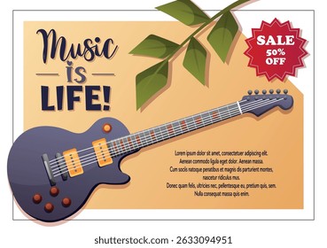 Vector ad design with electric guitar and sale badge. Great for music shops, festival promos, digital ads, and instrument-related marketing.
