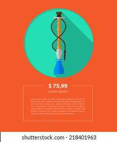 Vector ad layout for hookah. Circle mock up for hookah with price and example text. Flat vector illustration on orange background.