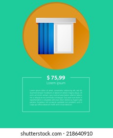 Vector ad layout for window louvers. Circle yellow mock up for window louvers with price and example text. Flat vector illustration on green background. Louvers