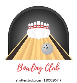 Vector ad poster, promo banner of bowling championship, competition. Template with sport equipment - skittles, ball. Hobby, recreation. Made in cartoon flat style