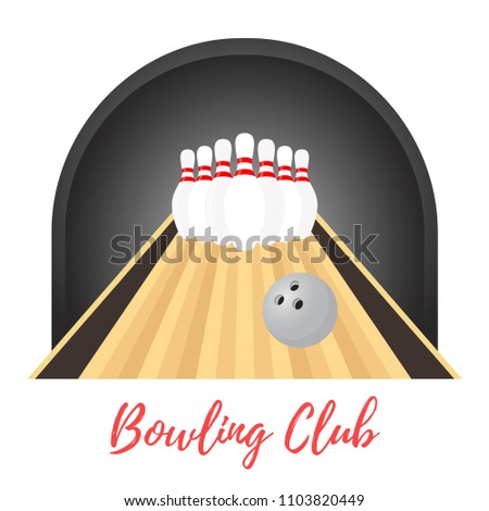 Vector ad poster, promo banner of bowling championship, competition. Template with sport equipment - skittles, ball. Hobby, recreation. Made in cartoon flat style