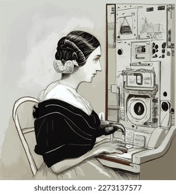 Vector of Ada Lovelace seated at retro computer, coding science