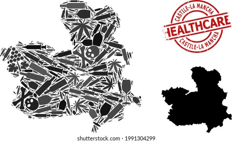 Vector addiction collage map of Castile-La Mancha Province. Grunge healthcare round red seal stamp. Template for narcotic addiction and treatment promotion.