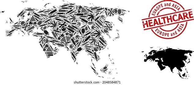 Vector addiction collage map of Europe and Asia. Grunge healthcare round red stamp. Template for narcotic addiction and healthcare propaganda.