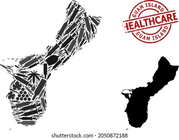 Vector addiction collage map of Guam Island. Rubber healthcare round red imprint. Concept for narcotic addiction and healthcare promotion. Map of Guam Island is created from injection needles, danger,