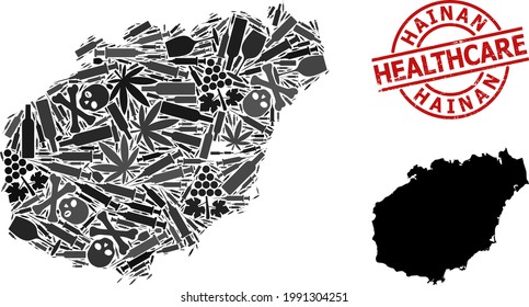 Vector addiction collage map of Hainan Island. Scratched healthcare round red seal. Concept for narcotic addiction and healthcare purposes. Map of Hainan Island is made with injection syringes,