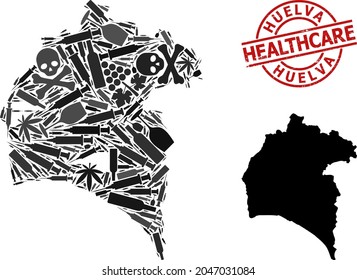 Vector addiction collage map of Huelva Province. Rubber health care round red rubber imitation. Concept for narcotic addiction and health care agitprop.