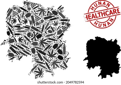 Vector addiction collage map of Hunan Province. Grunge health care round red imprint. Concept for narcotic addiction and health care propaganda. Map of Hunan Province is made from injection syringes,