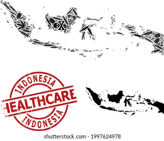 Mapa de colage de adicción al vector de Indonesia. Cuidados de caucho con insignia roja. Concepto de adicción a los narcóticos y aplicaciones de atención de la salud. El mapa de Indonesia está hecho de agujas de inyección, mortales,