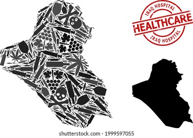 Mapa de collage de adicción a vectores de Iraq. Grunge la insignia roja. Concepto de adicción a los estupefacientes y promoción de la atención de la salud. El mapa de Iraq está construido con jeringas de inoculación, mortal,