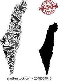 Mapa de colage de adicción a vectores de Israel. Humedezca la huella roja de la atención de salud. Concepto de adicción a los estupefacientes y proclamas de atención de la salud. El mapa de Israel está hecho de jeringas de inoculación, muerte,
